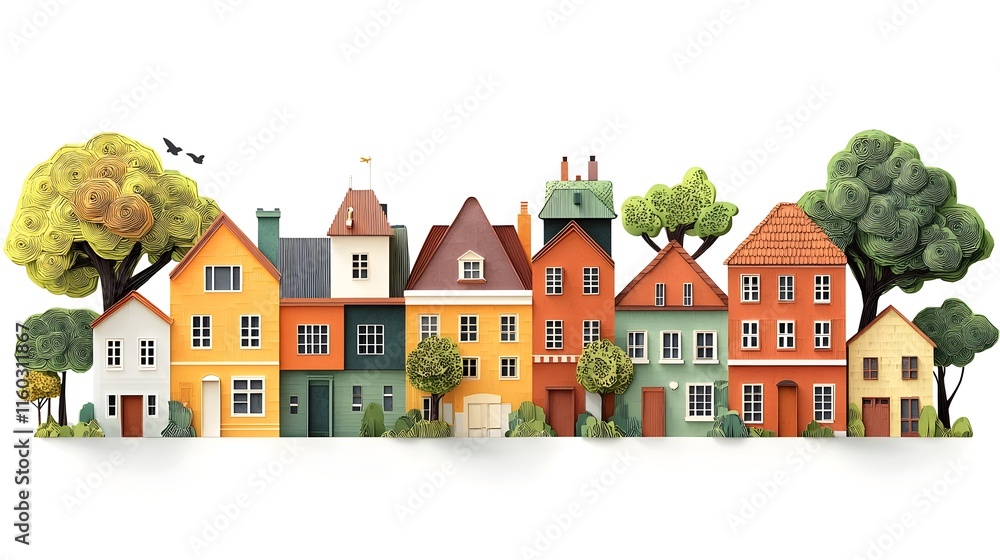Vibrant Papercut Style Townscape with Colorful Buildings and Trees on White Backdrop Vibrant Papercut Style Townscape with Colorful Buildings and Trees on White Backdrop