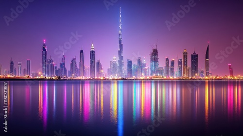 Vibrant nighttime cityscape skyline reflected in calm water.