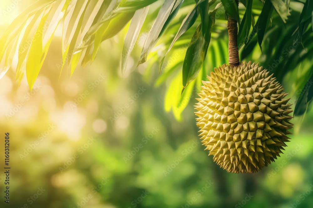 A close-up of a ripe durian hanging from a tree branch, surrounded by lush green leaves in a tropical setting. A close-up of a ripe durian hanging from a tree branch, surrounded by lush green leaves in a tropical setting.