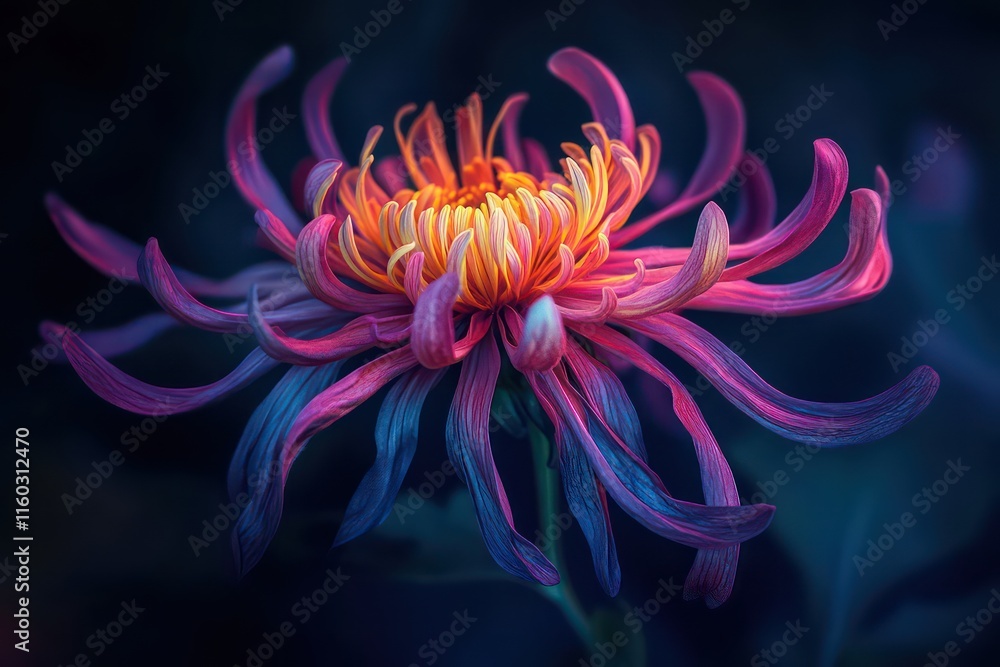 A closeup of a single chrysanthemum in bloom, with vibrant colors and soft lighting emphasizing its beauty. A closeup of a single chrysanthemum in bloom, with vibrant colors and soft lighting emphasizing its beauty.