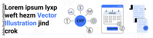ERP system with interconnected financial icons, annual calendar showing check mark, and documents with clip. Ideal for business management, accounting, project planning, resource allocation, workflow