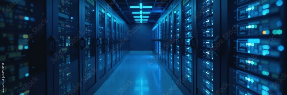 Long corridor with server racks in a data center with blue lights, representing big data and cloud computing. Long corridor with server racks in a data center with blue lights, representing big data and cloud computing.