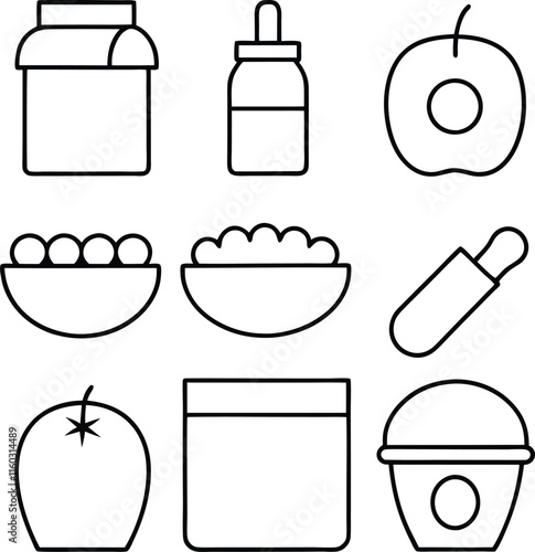 Baby Food Icons Jars, Bottles, Apples, Puree, and Utensils