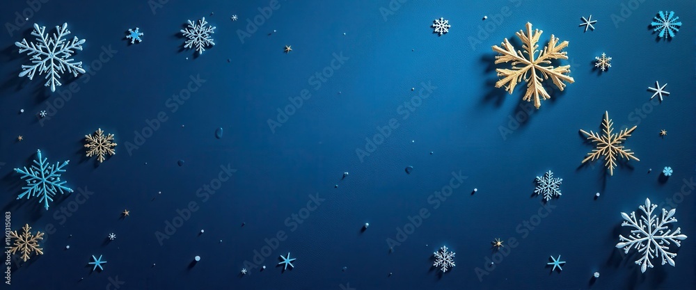 Elegant gold and silver snowflake decorations scattered on a dark blue surface, creating a festive winter holiday atmosphere. Elegant gold and silver snowflake decorations scattered on a dark blue surface, creating a festive winter holiday atmosphere.