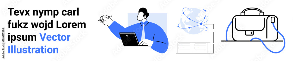 Professional working on laptop, atom model, network diagram, and office bag. Ideal for business, technology, education, remote work, scientific research, productivity, and corporate websites. Landing Professional working on laptop, atom model, network diagram, and office bag. Ideal for business, technology, education, remote work, scientific research, productivity, and corporate websites. Landing