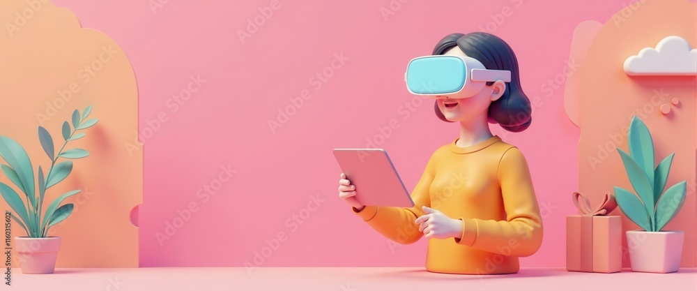 A stylized woman with VR headset holds a tablet in a pastel pink setting with a potted plant and a gift box, representing virtual reality and digital lifestyle. A stylized woman with VR headset holds a tablet in a pastel pink setting with a potted plant and a gift box, representing virtual reality and digital lifestyle.