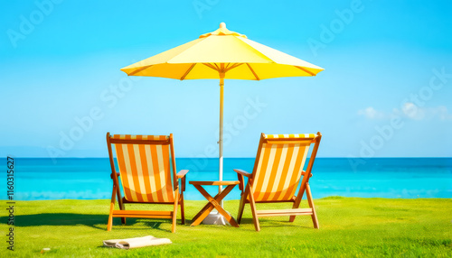 Two beach chairs are set up on a grassy area next to the ocean