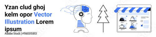 AI head with connected gears and brain graphics next to a tree and an online shopping window. Ideal for technology, artificial intelligence, e-commerce, environmental sustainability, innovation