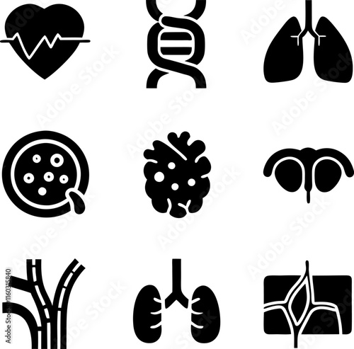 Human Anatomy Icons Heart, Lungs, DNA, Cells, Blood Vessels