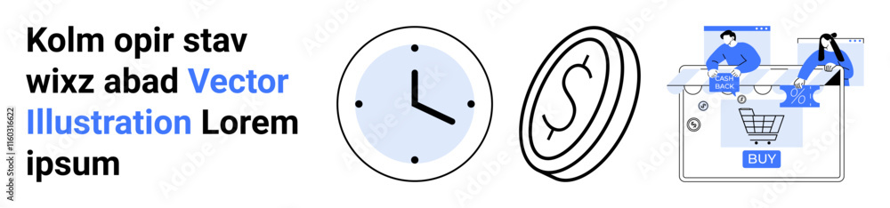 Clock representing time management, coin depicting finance, and individuals interacting with online shopping cart. Ideal for business, productivity, finance, e-commerce, online transactions, digital Clock representing time management, coin depicting finance, and individuals interacting with online shopping cart. Ideal for business, productivity, finance, e-commerce, online transactions, digital