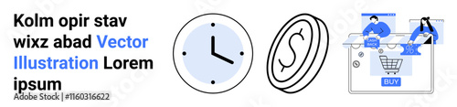 Clock representing time management, coin depicting finance, and individuals interacting with online shopping cart. Ideal for business, productivity, finance, e-commerce, online transactions, digital