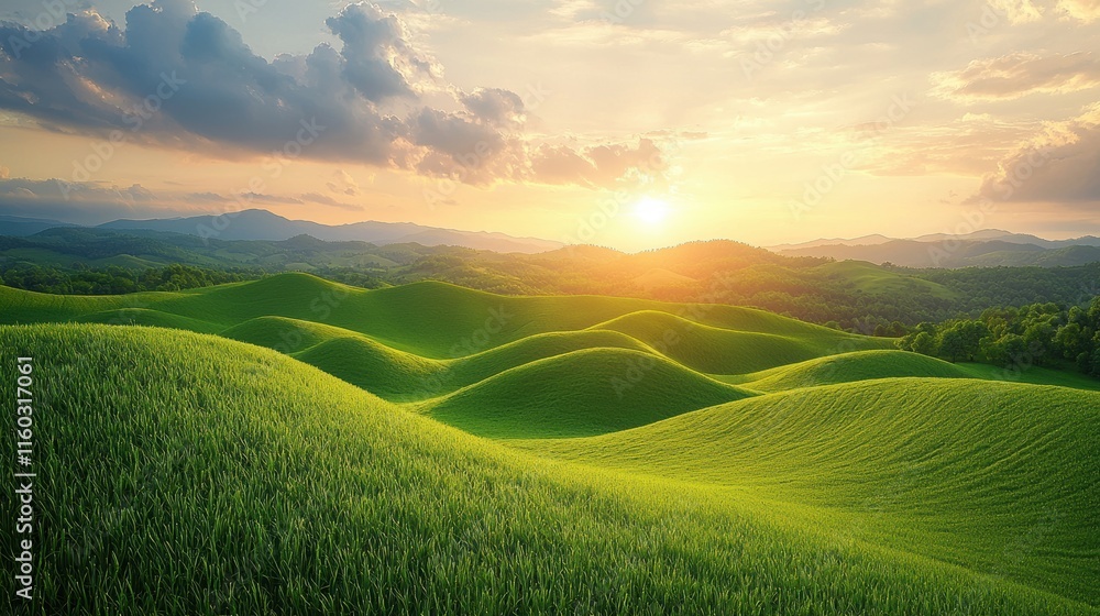 Obraz premium A beautiful, sunlit field of grass with a mountain in the background. Generative AI