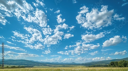 A clear blue sky with fluffy white clouds. Generative AI photo