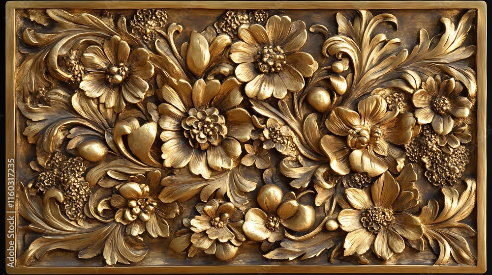 A decorative floral carving in gold with exotic patterns, set against a contrasting background. A decorative floral carving in gold with exotic patterns, set against a contrasting background.