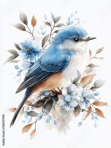 Beautiful Blue Bird Perched Among Delicate Blue Flowers and Leaves in Artistic Style