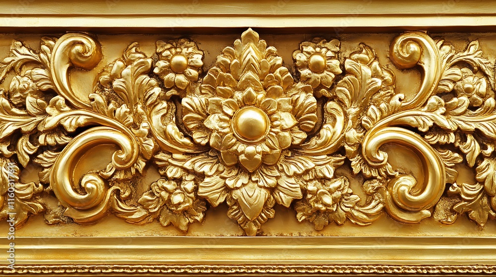 A detailed photo of a Thai decorative panel with symmetrical ornamental motifs in gold. A detailed photo of a Thai decorative panel with symmetrical ornamental motifs in gold.