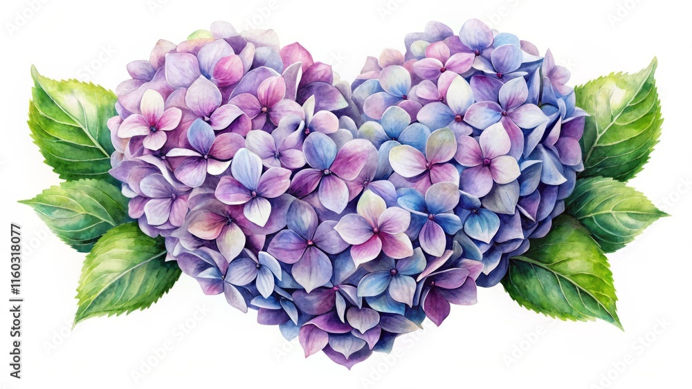 Fototapeta premium Hydrangea Heart Blossom Watercolor Painting - Action Shot, Isolated Flower, Vibrant Colors, Floral Art
