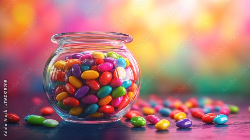 A bright and bold jelly bean dispenser filled with rainbow candies. A bright and bold jelly bean dispenser filled with rainbow candies.