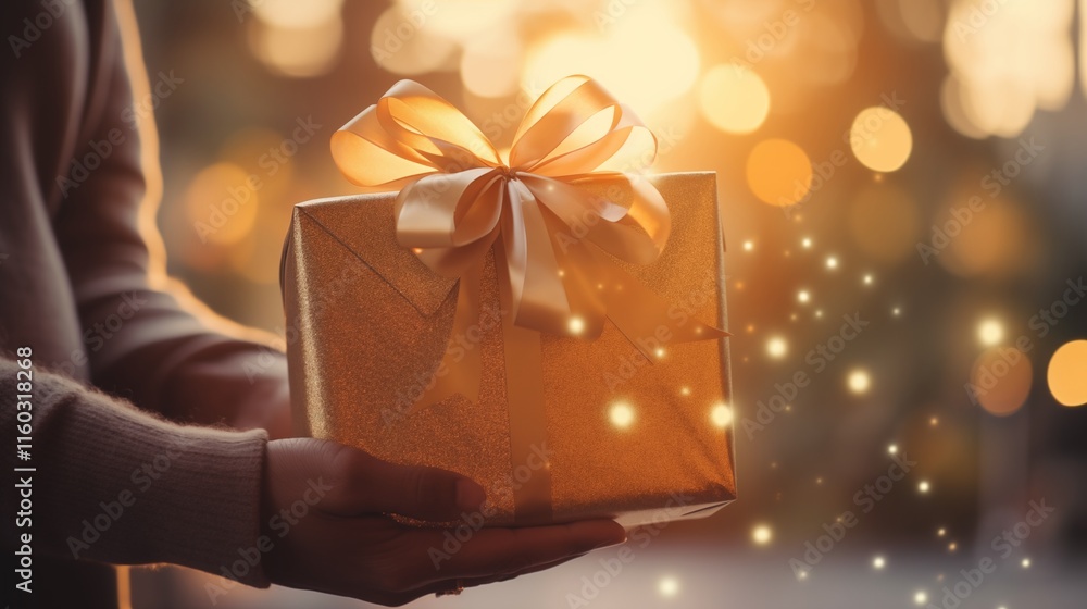 Obraz premium A person excitedly unwrapping a gift, golden hour lighting, space on the left side for text,generative ai illustration