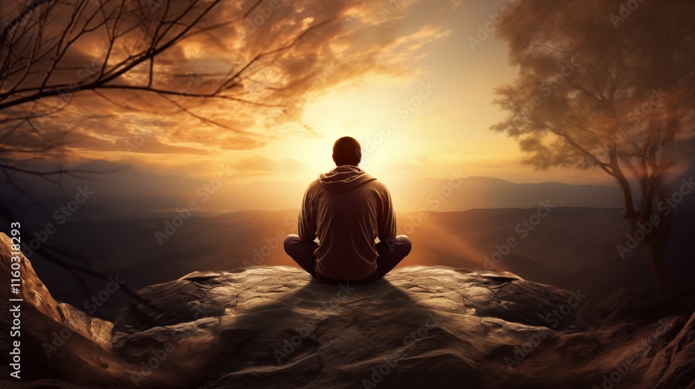 A person experiencing awe while watching a sunset, backlighting, empty space on the left for text,generative ai illustration A person experiencing awe while watching a sunset, backlighting, empty space on the left for text,generative ai illustration