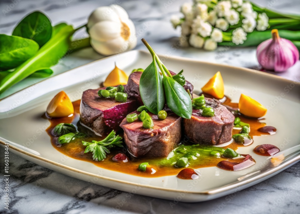 Kina Pirika Venison Recipe: Wild Garlic & Marble Counter Action Shot - Delicious Game Meat Dish Kina Pirika Venison Recipe: Wild Garlic & Marble Counter Action Shot - Delicious Game Meat Dish