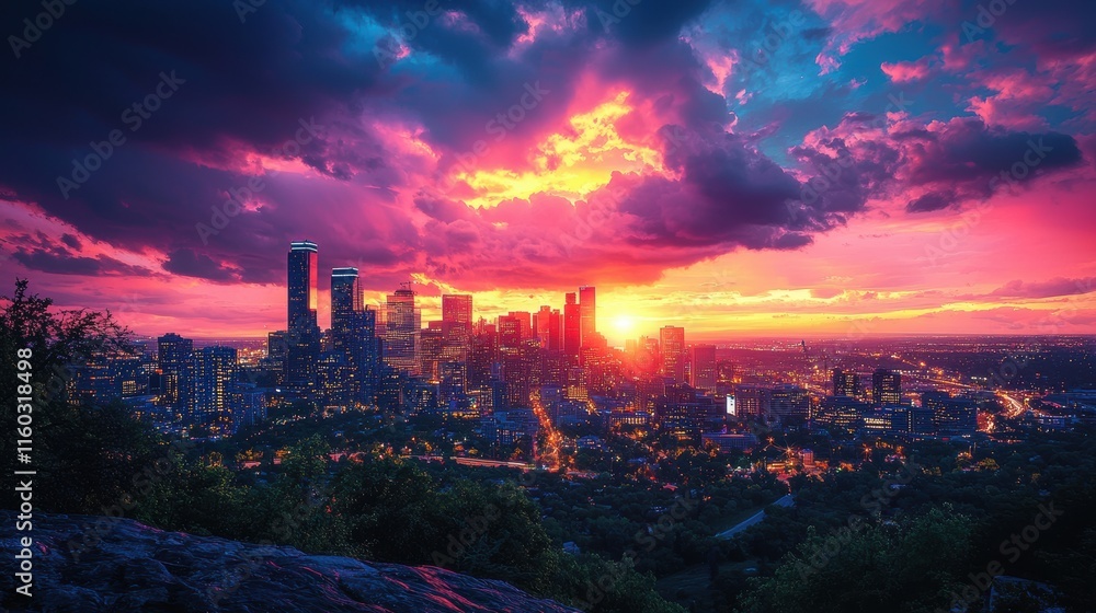 Obraz premium A city skyline is lit up by the sun as it sets. Generative AI