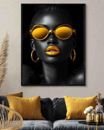 African wall art showcasing a stunning black woman with golden lips, wearing elegant African fashion, against a backdrop of black and gold, captured in high 4K resolution photo