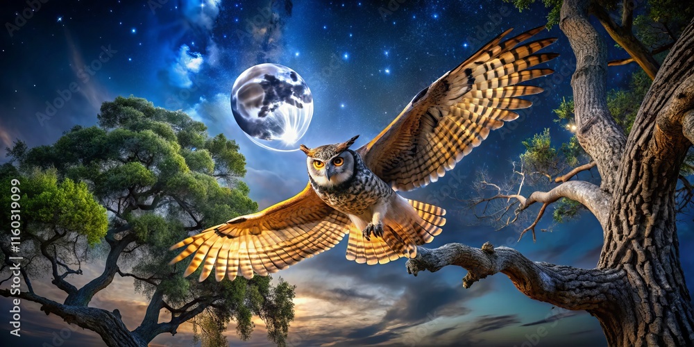 Obraz premium Majestic Night Owl in Ancient Tree - Action Shot Photography