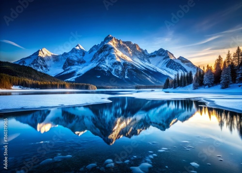 Majestic Winter Landscape: Silhouette Photography of Snow-Capped Mountains Reflected in Frozen Lake