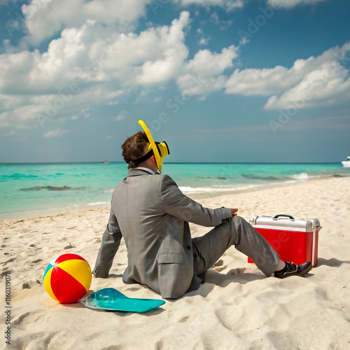 Businessman Relaxing on a Beach in Formal Suit with Snorkeling Gear photo