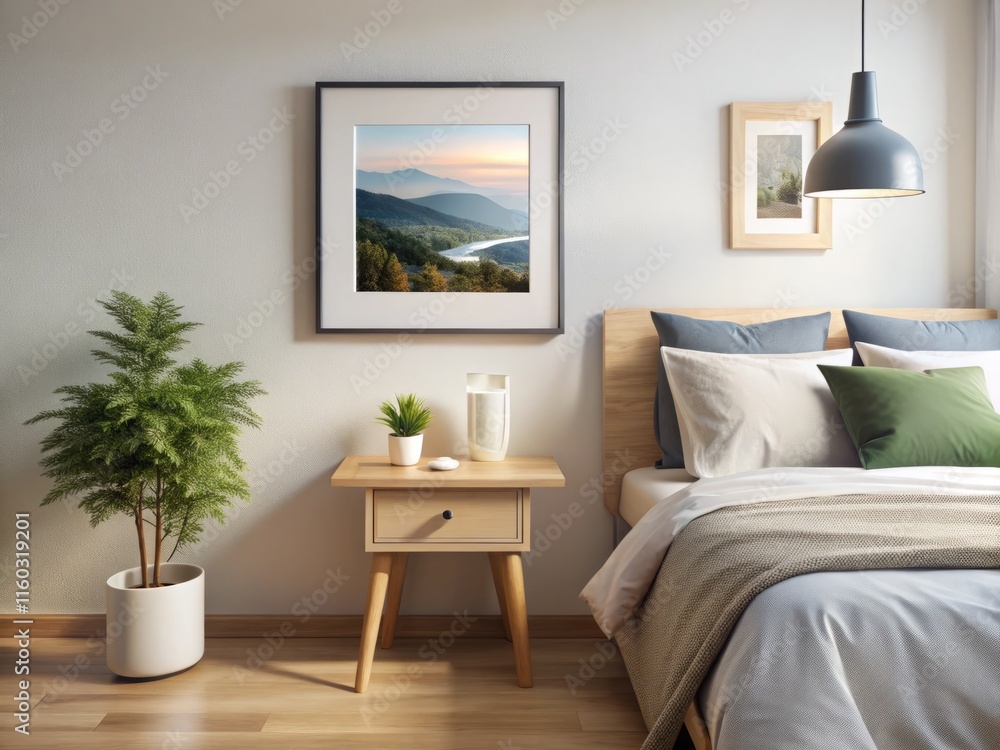Fototapeta premium Minimalist Bedroom Photo Frame Mockup: Bird's Eye View Interior Design