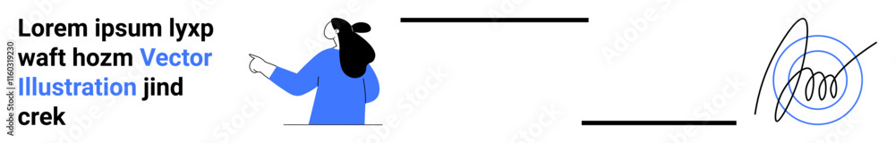 Woman in blue jacket pointing at placeholder text next to a circular-shaped signature. Ideal for business, presentations, instructions, educational material, branding, digital media, and marketing Woman in blue jacket pointing at placeholder text next to a circular-shaped signature. Ideal for business, presentations, instructions, educational material, branding, digital media, and marketing