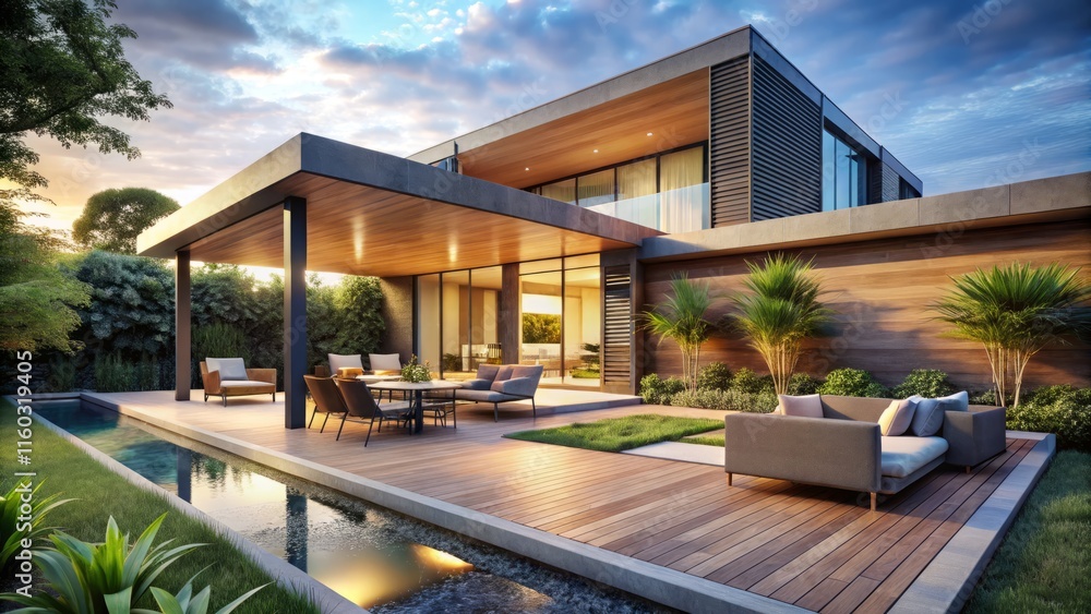 Minimalist Modern Home Exterior Design: Eye-Level View of Outdoor Living Space Minimalist Modern Home Exterior Design: Eye-Level View of Outdoor Living Space