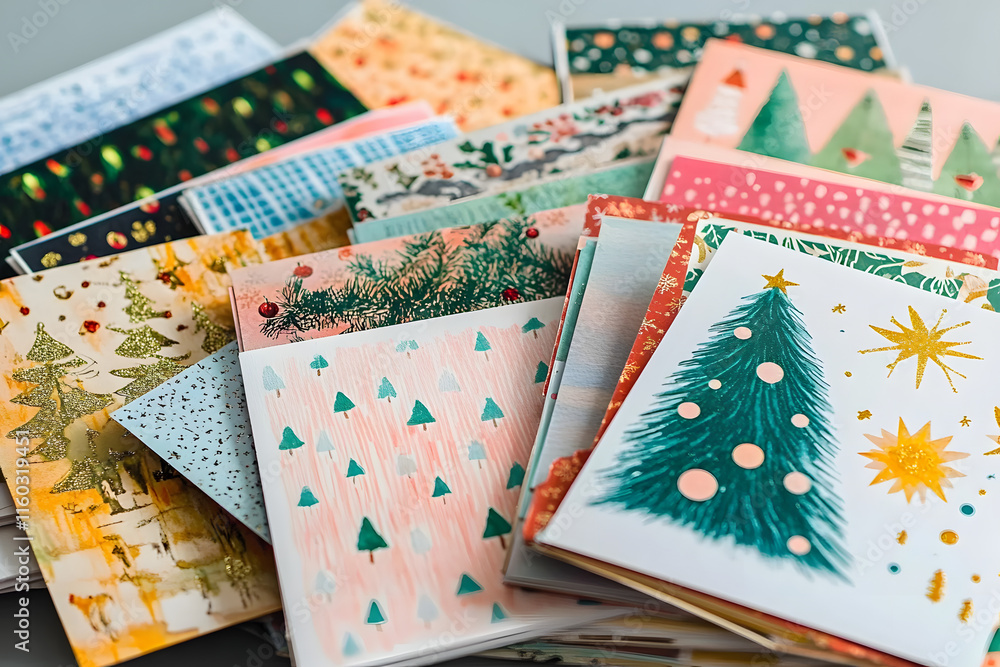 Obraz premium Christmas Card Day many Christmas cards stacked in a pile top view, cards have watercolor and modern memphis prints with Christmas trees, December 9