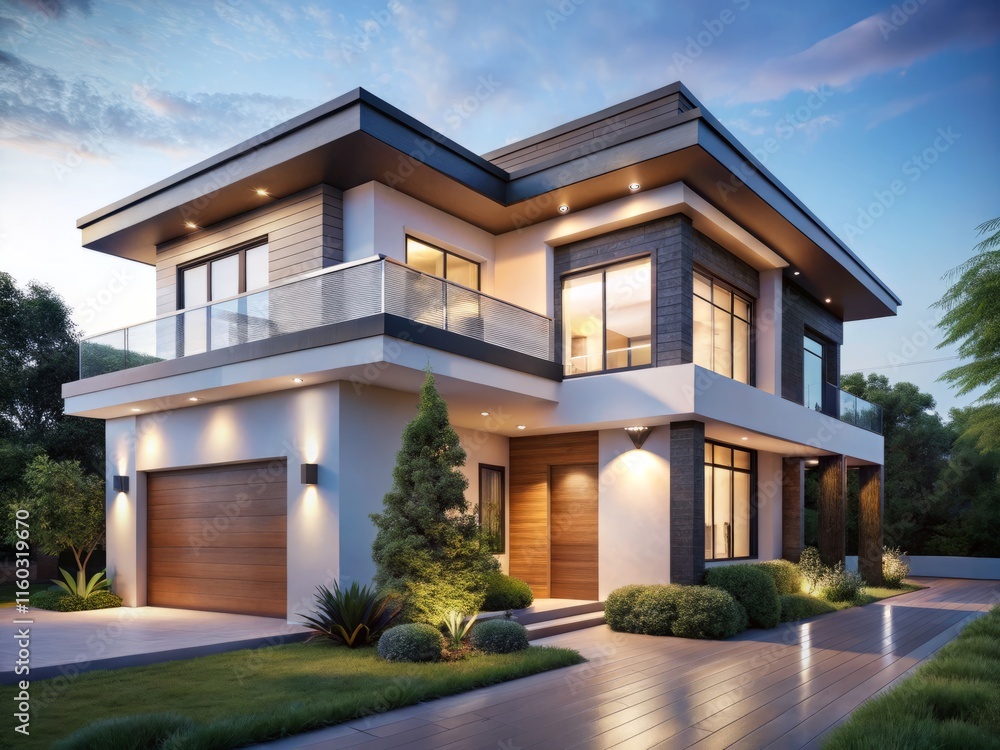 Fototapeta premium Modern House 3D Rendering, Eye-Level View, White Background, Architectural Visualization, Contemporary Home Design