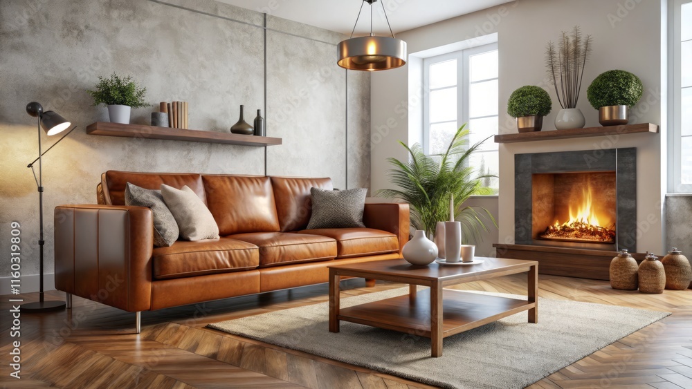 Fototapeta premium Modern Neutral Living Room Fireplace Design: Close-Up Brown Leather Sofa & Wooden Table