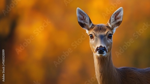 Portrait of a young deer in autumn, with warm golden hues in the background.