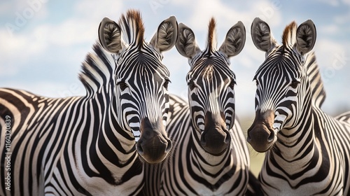 Three zebras standing close together, highlighting their bold black-and-white stripes. photo