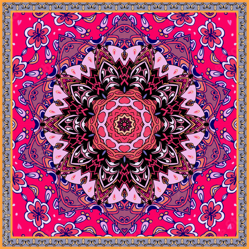 Bright stylized flower in square frame. Wonderful ethnic style print for shawl, napkin, pillowcase. 