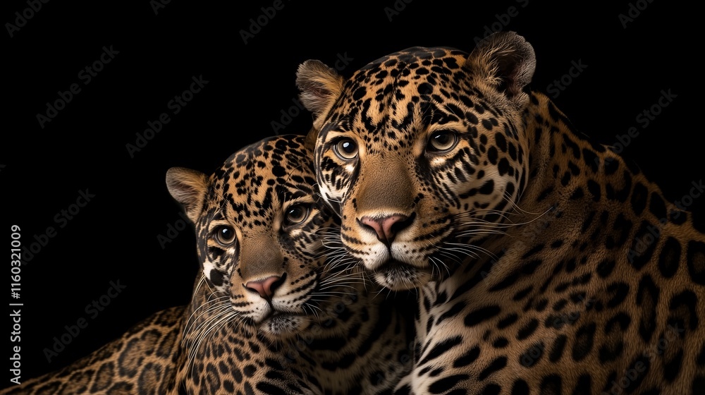 custom made wallpaper toronto digitalTwo jaguars close together against a dark background, showcasing their distinctive spotted fur.