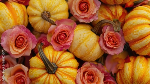 Close up of flowers and pumpkins
