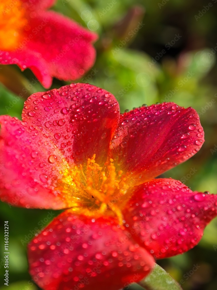 Bright Red Flower with Water Drops in a Lush Garden Setting Bright Red Flower with Water Drops in a Lush Garden Setting