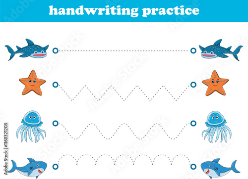 Handwriting Practice. Tracing lines for kids with animals. Vector Illustration