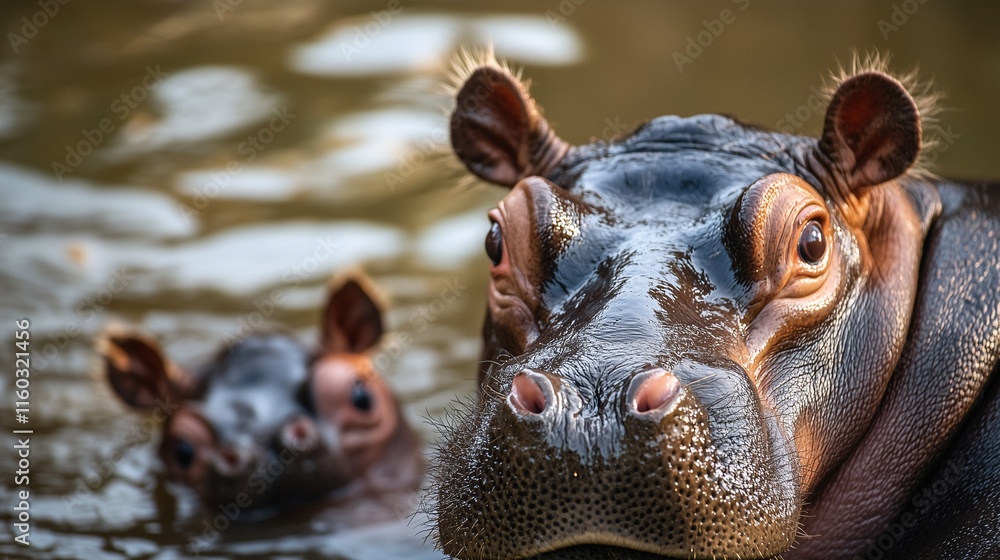 Fototapeta premium Close-up of a hippo and its calf in the water, showcasing their curious expressions and aquatic habitat.