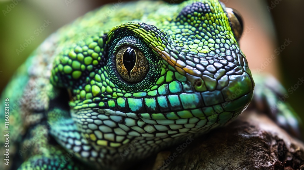 Fototapeta premium Close-up of a vibrant green lizard with intricate scales and sharp eyes in a tropical environment.