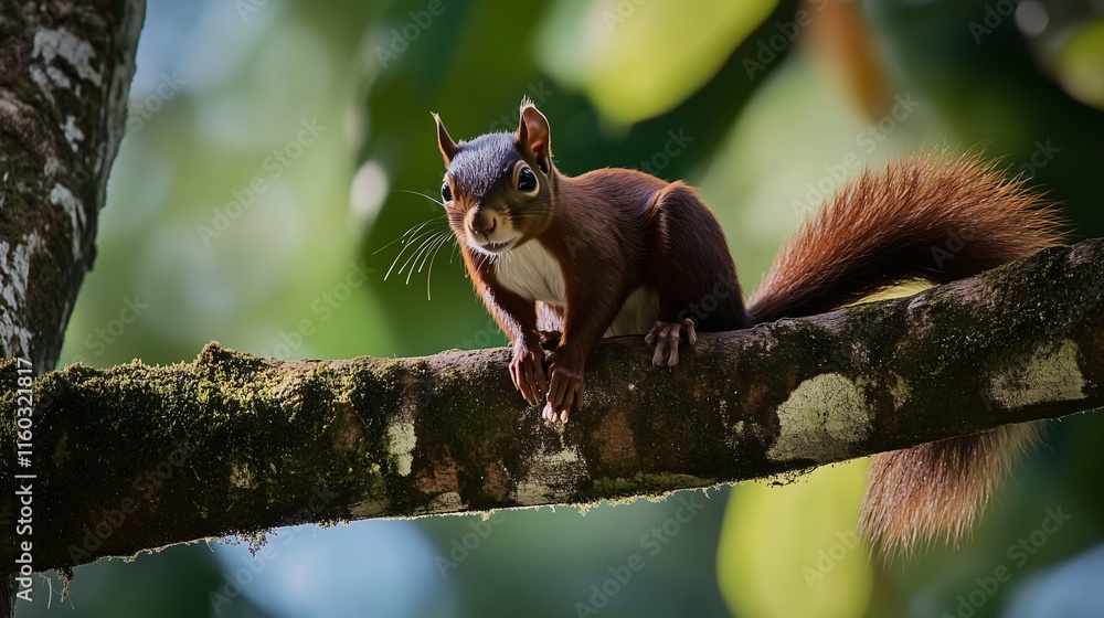 Curious squirrel perched on a mossy tree branch in a lush forest, illuminated by soft natural light. Curious squirrel perched on a mossy tree branch in a lush forest, illuminated by soft natural light.