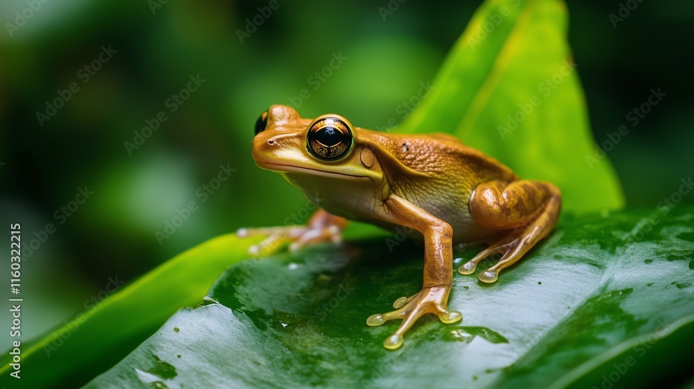 Golden frog sitting on a green leaf, highlighted by vibrant colors and a natural background. Golden frog sitting on a green leaf, highlighted by vibrant colors and a natural background.