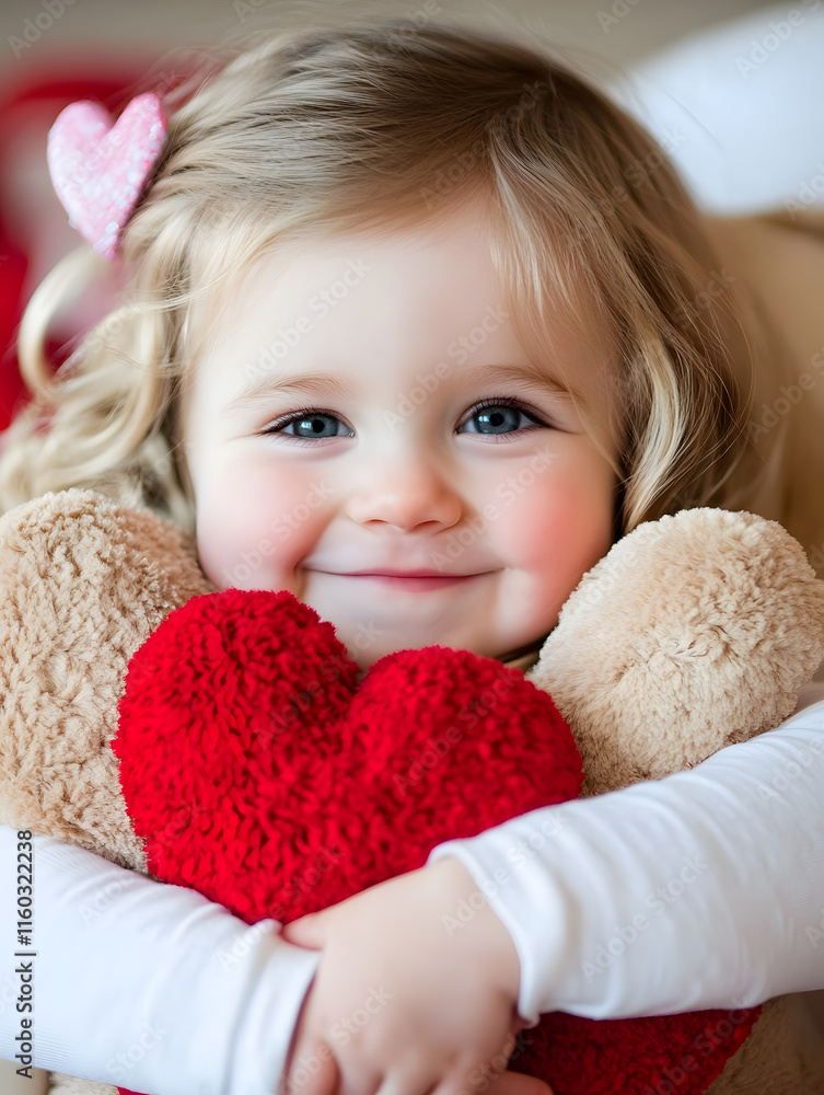 Adorable little girl cuddling soft heart pillow with bright smile expressing pure joy and innocence : Generative AI Adorable little girl cuddling soft heart pillow with bright smile expressing pure joy and innocence : Generative AI