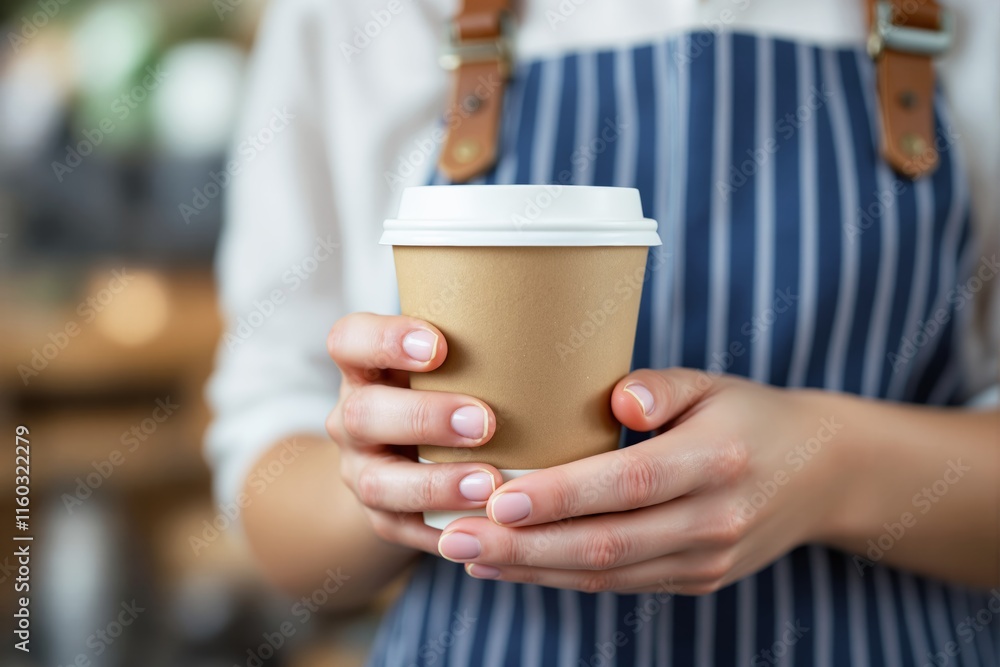 Close-up view of hands holding a disposable coffee cup, person wearing a striped apron, warm blurred cafe background. Concept of coffee and service. Ai generative Close-up view of hands holding a disposable coffee cup, person wearing a striped apron, warm blurred cafe background. Concept of coffee and service. Ai generative