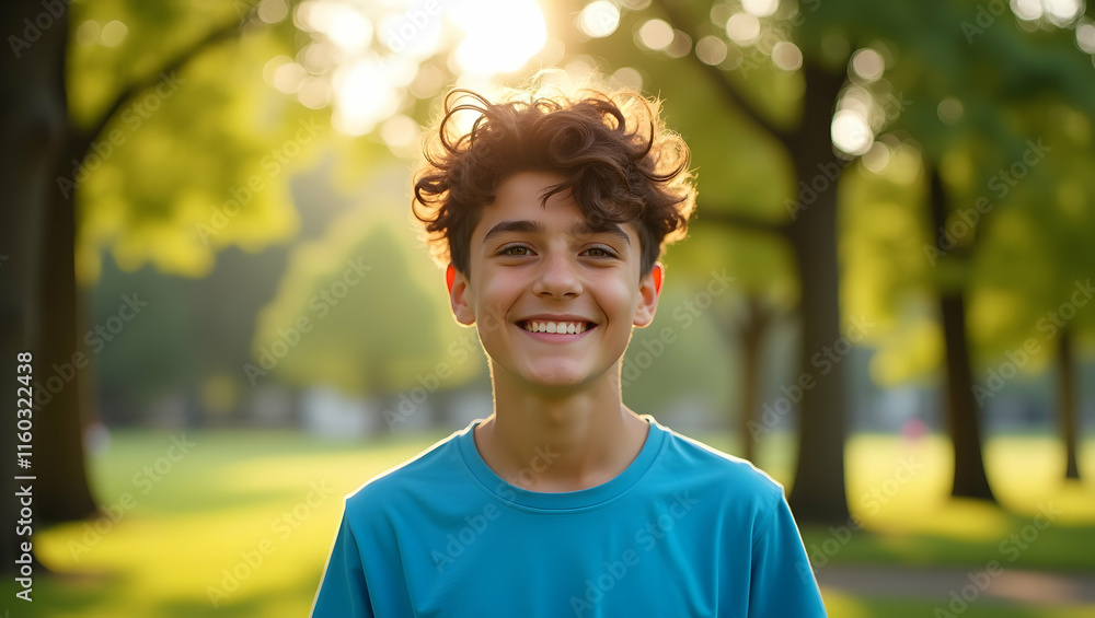 Smiling Boy Outdoors in Park at Sunny Day Smiling Boy Outdoors in Park at Sunny Day